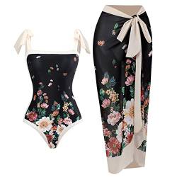 IDOPIP Damen Einteiler Badeanzug mit Strand Cover Up Wickelrock Sarong Retro Blumendruck Bikini Set Zweiteiliger Badeanzug, Schwarz, floral, Large von IDOPIP