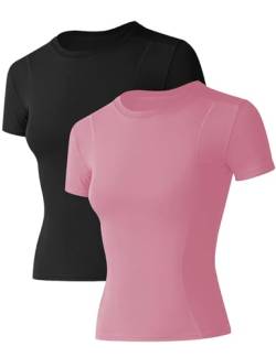 IECCP Damen T-Shirt Kurzarm Sport Laufshirts Sportshirt Fitness Leichtes Yoga Activewear Atmungsaktiv Schnelltrocknendes Gym Shortsleeve Rundhalsausschnitt Oberteile 2er Pack XL von IECCP