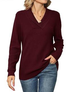 IECCP Pullover Für Damen Oberteile Elegant Langarm Strickpullover Mit Revers V-Ausschnitt Pulli Damen Rotwein L von IECCP