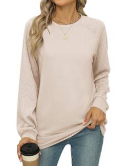 IECCP Sweatshirt Damen Rundhals Langarm Langarmshirts für Damen Elegant Ärmel mit Zopfmuster Sport Oberteile Damen Aprikose M von IECCP