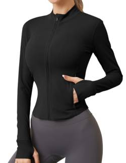 IECCP Sportjacke Damen Laufjacke Leicht Fitness Sport Oberteile Sportkleidung Frauen Langarm Gym Yoga Trainingsjacke Dünne Jacke Outfit Shirt Top mit Daumenloch Schwarz S von IECCP