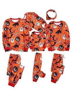 IFFEI Familie Halloween Pyjama Set Langarm Kürbis Skelett Halloween Kostüm Schlafanzug Zweiteiler Pjs Sets Tops und Pants Hausanzug Orange Women Large von IFFEI