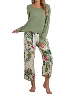 IFFEI Schlafanzug Damen Lang Zweiteiliger Pyjama Set Einfarbiger Rundhals Oberteil und 3/4 Lange Capri Hose Hausanzug Grün Small von IFFEI