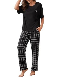 IFFEI Schlafanzug Damen Zweiteiliger Pyjama Set mit Kurzarm und Karierter Hose Rundhals Nachtwäsche Lounge Set Schwarz Small von IFFEI