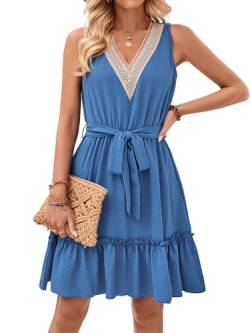 IFFEI Sommerkleid Damen Leicht V-Ausschnitt Rüschenkleid Sommer Kurze Freizeitkleid mit Gürtel Blau XL von IFFEI