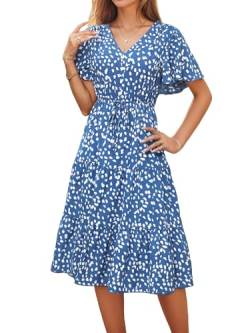 IFFEI Sommerkleid Damen V-Ausschnitt Kurzarm Polka Rüschenkleid Knielang Lang Leicht Freizeitkleid mit Gürtel Blau M von IFFEI