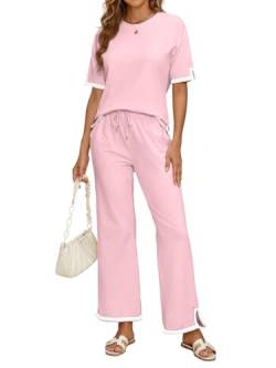 IFFEI Zweiteiler Damen Hausanzug Strick Lounge Set mit Kurzarm Rundhals Pullover und Lange Hose Freizeitanzug Tracksuit 2 Teiler Set Outfit Rosa Medium von IFFEI