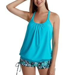 IHCEMIH Badeanzug Damen Tankini Push up Bauchweg High Waist Bademode Schnürung Blumen Badeanzüge Schwimmanzug Zweiteiler Sport Strand Sommer Oberteile Badeshorts Set Badekleid für Frauen Blau L von IHCEMIH