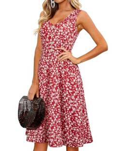 II ININ Sommerkleid Damen Knielang Strandkleid Sommer Midi A Linie Blumen Kleid Freizeitkleid mit Taschen(Floral-Rot,Mittel) von II ININ