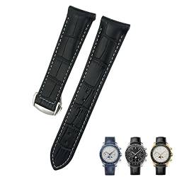 ILAZI 19 mm 20 mm 21 mm gebogenes Leder-Rindsleder-Uhrenarmband, passend für Omega Speedmaster Seamaster 300 AT150 Sxwatch-Uhrenarmband(Black white line 1,19mm) von ILAZI