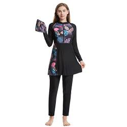 Blumen Bescheidene Muslimischer Badeanzug für Damen 3 tlg Islamischer Burkini Badebekleidung Vollflächiges Langarm Schwimmoberteil mit Hose Hijab Bademode Tankini Set Schwimmenkostüm Schwarz XXXL von IMEKIS