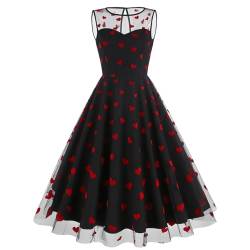 Damen 1950er Retro Vintage Abendkleid Ärmellos Blume Spitze Schmetterling Herz Druck Swing Kleid Elegante Cocktailkleid Hochzeit Party Kleid Schwarz XL von IMEKIS