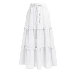 Damen Boho Sommer Rock A Linie Elastische Hohe Taille Faltenrock Casual Lang Flowy Swing Strandröcke Einfarbige Rüsche Gestreift Maxirock für Urlaub Weiß S von IMEKIS