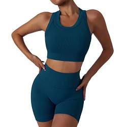 Damen Gym Set Zwei Stücke Trainingsanzüge Athletische Workout Outfit Nahtlose Yoga Anzug Gerippte Racerback Sport BH mit Hoher Taille Shorts Einfarbige Slim Fit Running Sport Activewear Blauer See S von IMEKIS