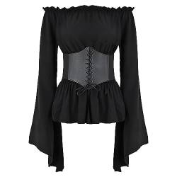 Damen Renaissance Top Mittelalter Bluse Trompeten�rmel Off Shoulder Gothic Viktorianische Shirt mit Korsett Taille G�rtel Pirate Halloween Kost�m Schwarz M von IMEKIS