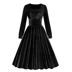 Damen Weihnachten Kleid Elegante Samt Weihnachtsfeier Kleid 19050s Vintage Retro Swing Cocktailkleid Partykleid A Linie Langarm Einfarbig Herbst Winter Kleid Schwarz XL von IMEKIS