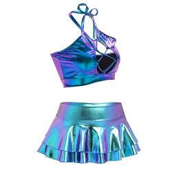 IMEKIS Damen Alien Kostüm Rave Outfit Karneval Glänzendes Metallisch Crop Top mit Minirock 2tlg Disco Tanz Clubwear Halloween Facshing Mottoparty Outfit Laserblau-Cutout L von IMEKIS