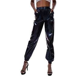 IMEKIS Damen Hohe Taille Cargohose Glänzend Wetlook Elastischer Bund Hologramm Hip Hop Tanzhose Lackleder Jogger Casual Streethose Bühnen Auftritt Partyhose Nachtclub Disco Clubwear Schwarz M von IMEKIS