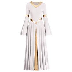 IMEKIS Damen Liturgisch Lob Kleid Metallic Splei? Lyrisch Tanzkleider Langarm V-Ausschnitt Casual Lang Faltenrock Freizeitkleid Kirche Anbetung Gebet Kleider Ballsaal Dancewear Wei? 3XL von IMEKIS