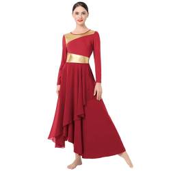 IMEKIS Damen Lyrische Tanzkleid Metallische Gold Liturgische Lob Tanzbekleidung Langarm Chiffon Asymmetrische Rüschen Kleid Kirche Anbetung Gebetskleid Weinrot S von IMEKIS