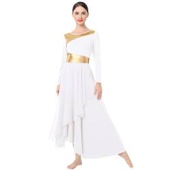 IMEKIS Damen Lyrische Tanzkleid Metallische Gold Liturgische Lob Tanzbekleidung Langarm Chiffon Asymmetrische Rüschen Kleid Kirche Anbetung Gebetskleid Weiß L von IMEKIS