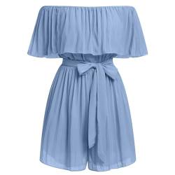 IMEKIS Jumpsuit Damen Kurz Strampler Off Shoulder Rüschen Playsuit Chiffon Plissee Overalls Bodysuit Shorts mit Gürtel Casual Sommer Strandbekleidung Blau S von IMEKIS