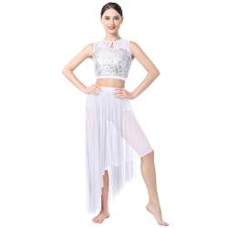 IMEKIS Lyrisches Tanz Kostüm für Damen Ärmellos Pailletten Spitze Crop Top mit Asymmetrischem Saumrock Modernes Ballett Ballsaal Dancewear Bühnen Performance Outfit Weiß XS von IMEKIS