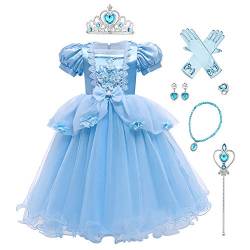 IMEKIS Mädchen Aschenputtel Sofia Kostüm Prinzessin Geburtstag Fancy Verkleiden Blume Rüschen Tulle Tutu Kleid Halloween Weihnachts Karneval Partykleid mit Fee Zubehör Cosplay Outfit Blau 7-8 Jahre von IMEKIS