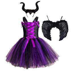 IMEKIS Mädchen Prinzessin Maleficent Kostüm Fee Böse Königin Cosplay Kleid Handgemachtes Gestricktes Tüll Tutu Ärmellose Geburtstag Halloween Weihnachts Karneval Hexe Party Outfit Lila 10-12 Jahre von IMEKIS