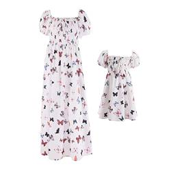 IMEKIS Mutter und Tochter Passendes Kleid Frauen Mädchen Blumendruck Sommerkleid Kurzarm Boho Strandkleid Familie Passendes Outfit Eltern Kind Lässig Langes Kleid Weiß 6-7 Jahre von IMEKIS