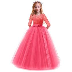 Mädchen Prinzessin Kleid Elegant Blumen Spitze Partykleid Brautjungfer Hochzeitskleid Geburtstag Tüll Maxikleid Festlich Kommunion Abendkleid Cocktailkleid Festzug Ballkleid Wassermelonenrot 5-6 J von IMEKIS