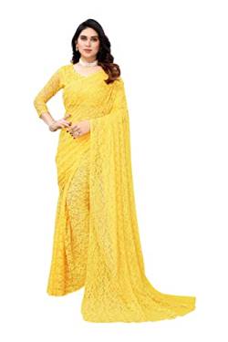 IMTRA FASHION Designer Netz Sari Für Frauen Indischer Blumen Sari Mit Bluse Gelb(ABIRA YELLOW) von IMTRA FASHION