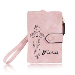 INBLUE Individuelle Leder Geldbörse für Frauen Geburt Blume mit Namen Damen Geldbörse Kleine Münze Geldbörse mit Handgelenk Strap Personalisiertes Geschenk für Muttertag Geburtstag - Rosa von INBLUE