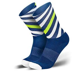 INCYLENCE Curls Sportsocken lang, leichte Running Socks mit Anti-Blasenschutz, atmungsaktive Laufsocken, Compression Socks, blau weiß neongelb, 35-38 von INCYLENCE