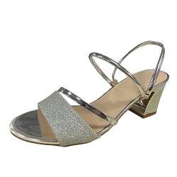 INLLADDY Damen Sandalen Blockabsatz Niedrig Goldene Absätze Funkelnd Offener Zeh Sommer Sandalen Hochzeit Braut Abschlussball Abendschuhe Slipper Silber EU Größe 39.5 von INLLADDY