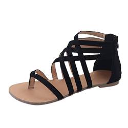 INLLADDY Damen Sandalen Geflochten Flache Flip Flops Rückenreißverschluss Elegant Sommer Strandschuhe Boho Offener Zeh Gladiator-Sandalen Schwarz EU Größe 39 von INLLADDY