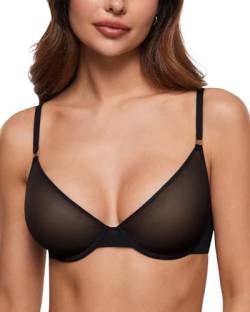 INLYRIC Damen Transparent BH mit Bügel Sexy Mesh Soft BHS Tiefer Ausschnitt Vorne Nahtlos Balconette Schwarz 95E von INLYRIC