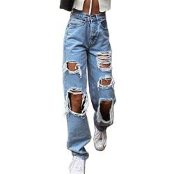 Baggy Jeans Damen High Waist Löcher, Boyfriend Hosen Destroyed Jeans Damen Boyfriend Jeans Weites Bein Denim Hosen E-Girl Indie Aesthetic Gothic Hosen Y2k Jeans Streetwear- Mit Löchern von IQYU