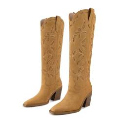 ISNOM Kniehohe Cowboy-Cowgirl-Stiefel für Damen, Westernstiefel mit Zuglasche, klobiges Absatz-Design, einzigartig und stilvoll, Braun, Wildleder, 42 EU von ISNOM