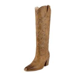ISNOM Kniehohe Cowboy-Cowgirl-Stiefel für Damen, Westernstiefel mit Zuglasche, klobiges Absatz-Design, einzigartig und stilvoll, Mattbraun, 41 EU von ISNOM