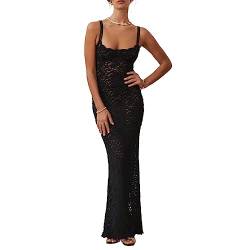 Damen Cocktailkleid Sexy Spitze Aushöhlen Transparent Ärmellos Spaghettiträger Slim Fit Maxi Party Club Abendkleid, Schwarz, Klein von ISZPLUSH