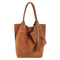 MADE IN ITALY Damen XXL Leder Tasche + Schmucktasche Handtasche Wildleder Shopper Schultertasche Fransen Umhängetasche Quaste Kette DIN-A4 Hobo Tote Bag Cognac-Braun von ITALYSHOP24.COM