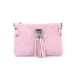 Made in Italy Damen Leder Clutch Tasche Messenger Bag Henkeltasche Wildleder Handtasche Umhängetasche Ledertasche Schultertasche Beuteltasche Fransen Cross-Over Rosa von ITALYSHOP24.COM