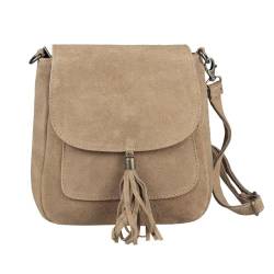 Made in Italy Damen Leder Tasche Messenger Bag Henkeltasche Wildleder Handtasche Umhängetasche Ledertasche Schultertasche Beuteltasche Fransen Cross-Over Taupe (Hell) von ITALYSHOP24.COM