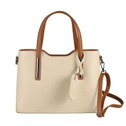 OBC MADE IN ITALY Damen Echt Leder Tasche Business Shopper Schultertasche Handtasche Ledertasche Umhängetasche Rindsleder Freizeittasche Beige-Braun von ITALYSHOP24.COM