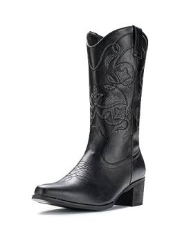 IUV Breite Kalb Cowboy Stiefel Für Frauen Spitzer Zeh Frauen Westernstiefel Cowgirl Stiefel Mitte Wade Stiefel, Schwarz, 35 EU von IUV