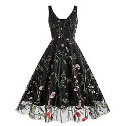 Damen Kleid mit Schlüssellochausschnitt, Blumenstickerei, durchsichtiges Netzgewebe, Illusion, Vintage-Cocktailkleid, Swing-Kleid, Hochzeit, Party, Abschlussball, Abendkleid, Schwarz-Pflanze, X-Groß von IWEMEK