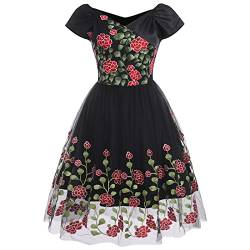 Damen Vintage Schulterfrei Rose Bestickt Blumen Abendkleid V-Ausschnitt Kurz 3/4 Ärmel Hochzeit Cocktail A Linie Midi Kleid, schwarz/rot, Klein von IWEMEK