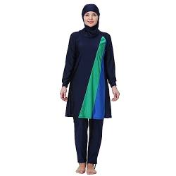 IWEMEK Burkini Damen Muslim Große Größen 3tlg Set Rash Guard Langarm Ganzkörper Schwimmanzug Schwimmkleid + Schwimmhose + Hijab Badeanzug Islamische Schwimmkleidung UV Schutz Marineblau 03 3XL von IWEMEK