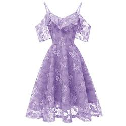 IWEMEK Damen Vintage Spitzenkleid Kalte Schulter Spaghettiträger Ärmellos V-Ausschnitt Rückenfreie A-Linie Swing Kleider Hochzeit Brautkleider Cocktailkleid Party Abendkleid Violet M von IWEMEK